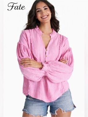 NWT Fate Split Neck Gauze Shirt.
Size L.
Bubblegum Pink. Balloon sleeves.
